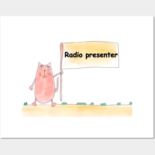 Radio presenter. Profession, work, job. Cat shows a banner with the inscription. Watercolor illustration. A gift for a professional Posters and Art